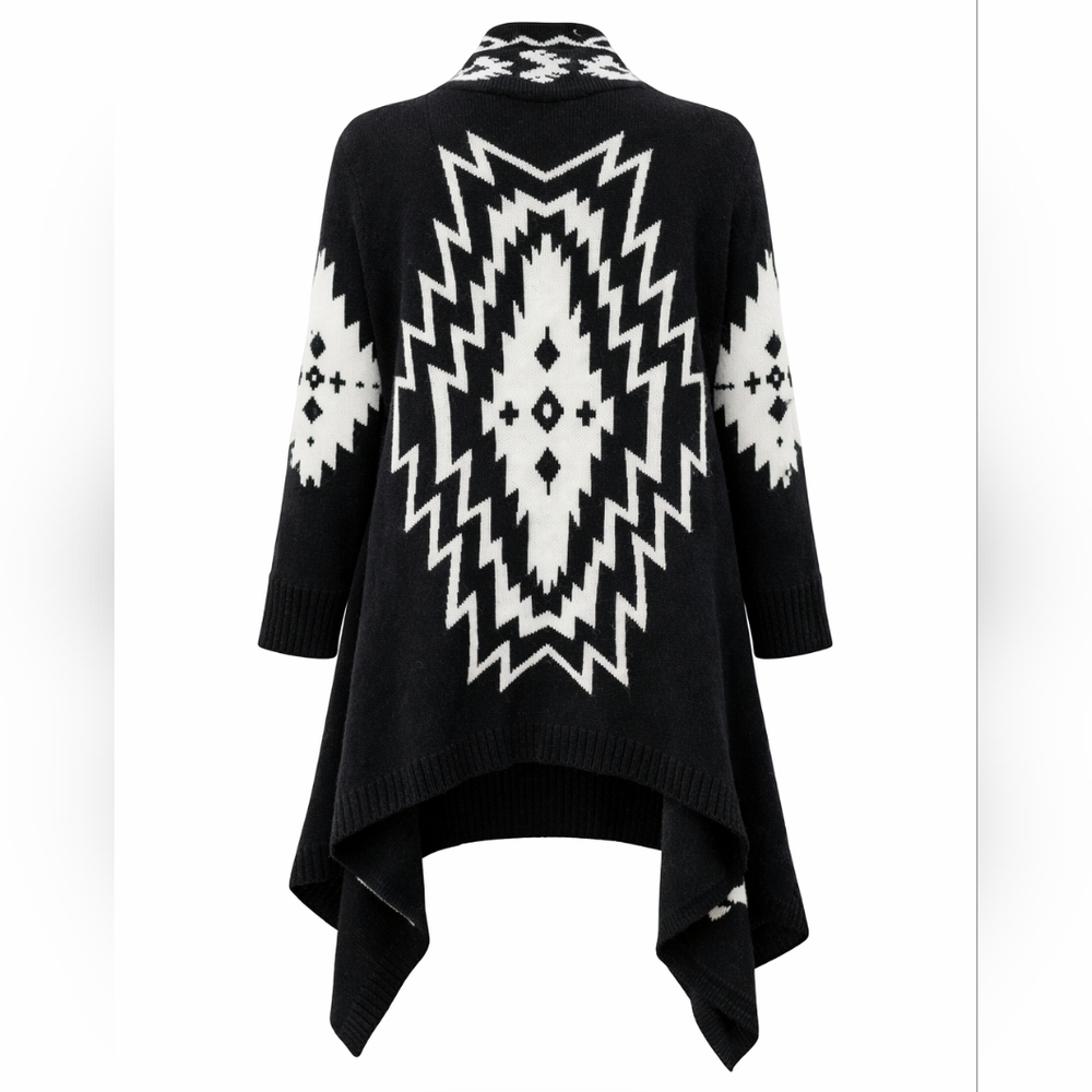 Aztec Cardigan Southwestern Open Front Waterfall Drape Cozy Knit Large X-Large - Picture 14 of 14